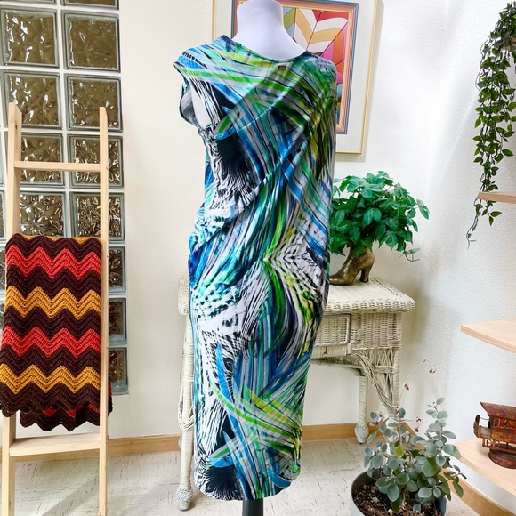 Vintage ESCADA Sport 00s Y2K “Fantasy” Draped Midi Tube Dress XS 32 Blue Green - Picture 5 of 10